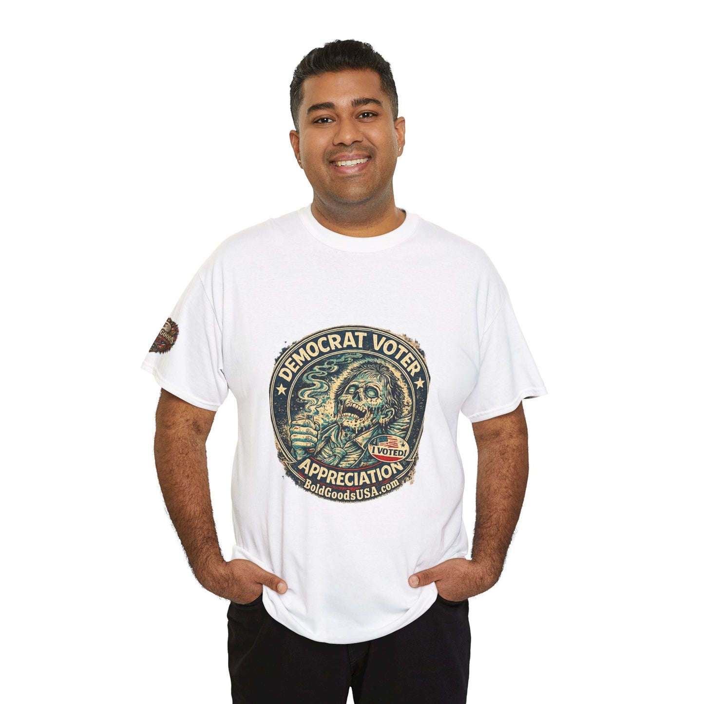 Democrat Voter Appreciation – Political Satire Graphic T-Shirt | Front Print + Sleeve Logo