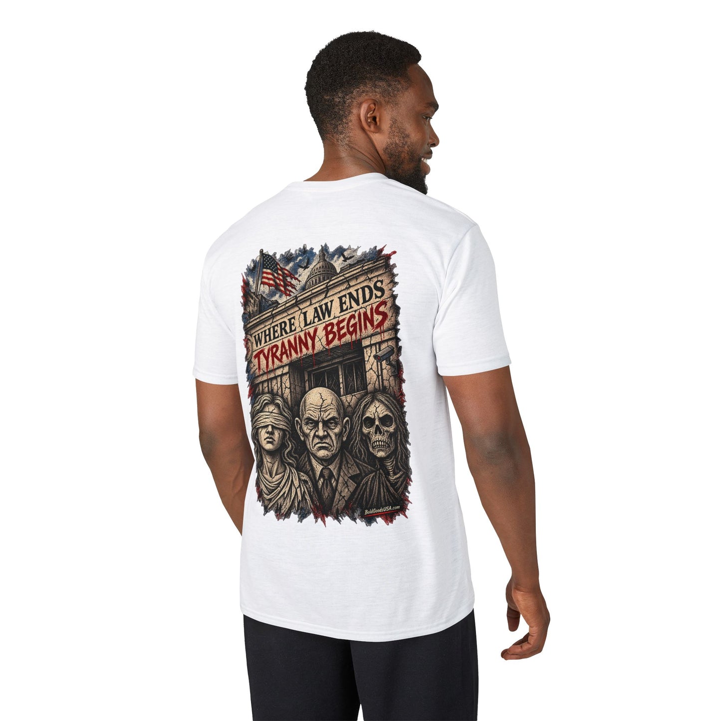 Where Law Ends, Tyranny Begins - Back Print + Sleeve Logo T-Shirt