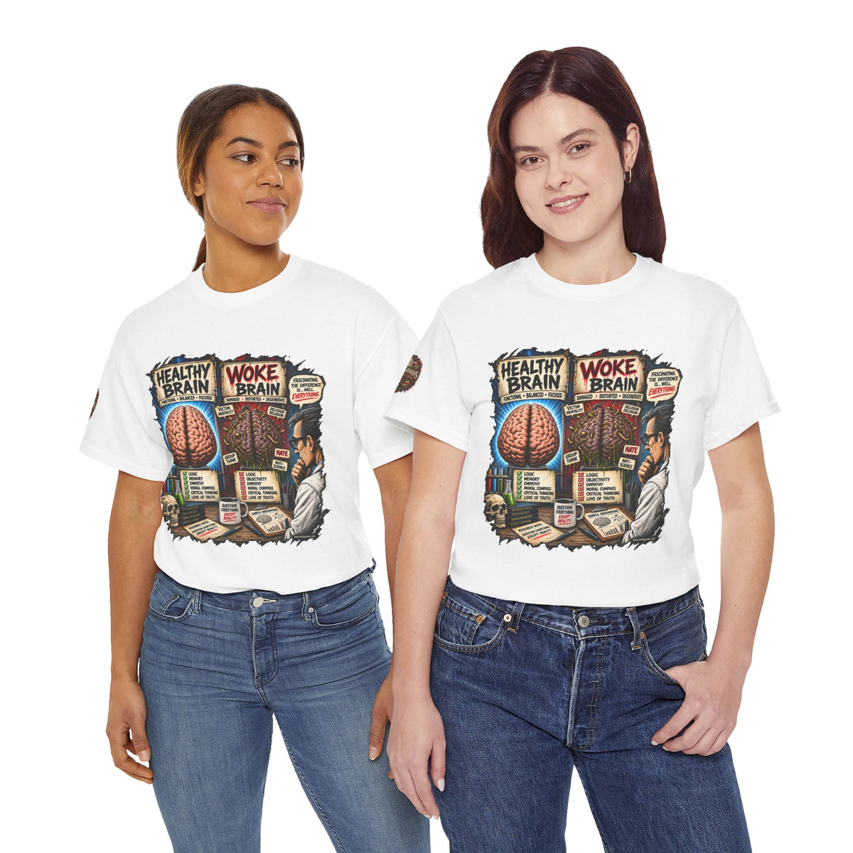Woke Brain – Political Satire Graphic T-Shirt | Front Print + Sleeve Logo
