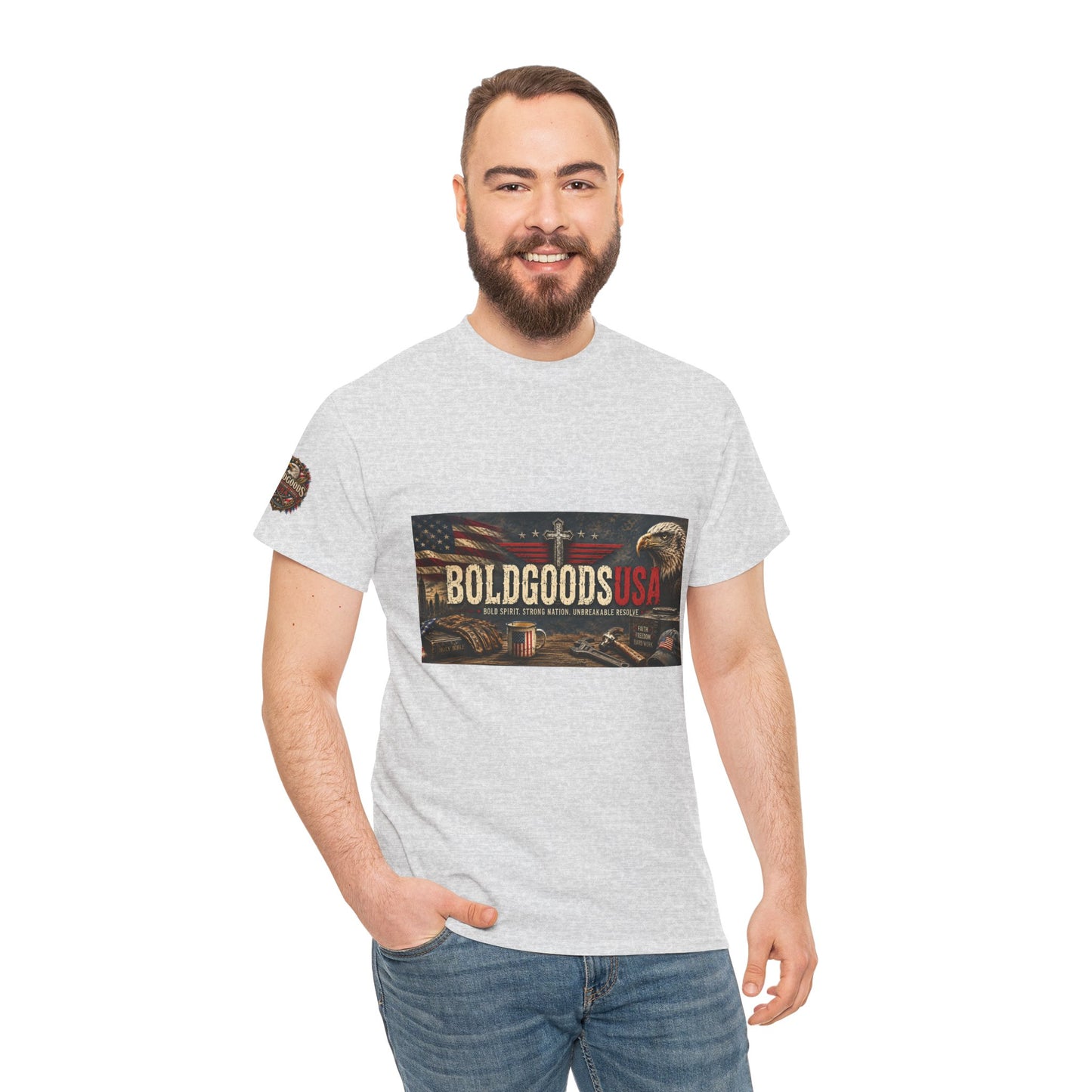 BoldGoods Faith, Freedom & America – Christian Patriotic Graphic T-Shirt | Front Print + Sleeve Logo