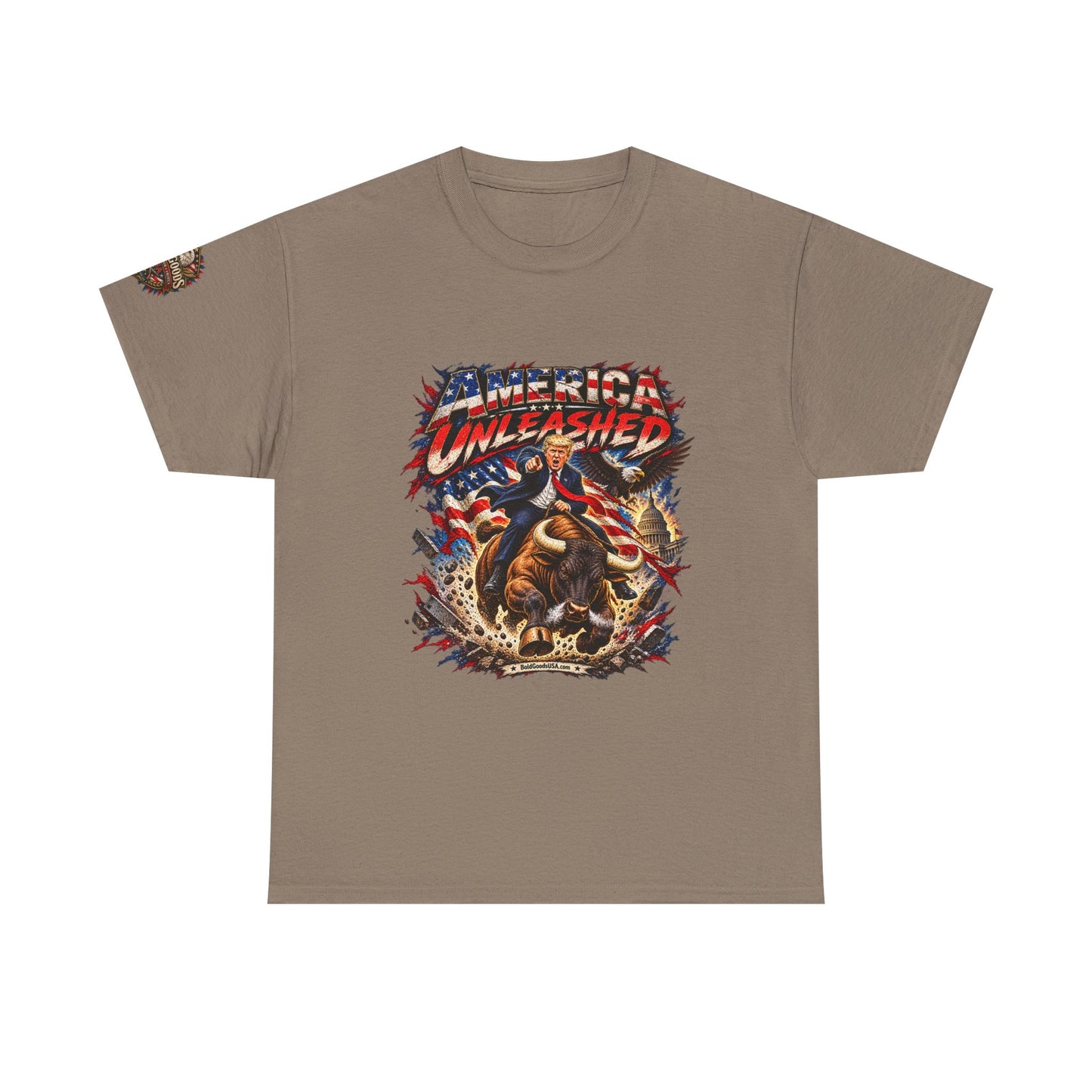 America Unleashed – Patriotic Graphic T-Shirt | Front Print + Sleeve Logo