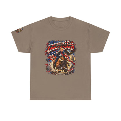 America Unleashed – Patriotic Graphic T-Shirt | Front Print + Sleeve Logo