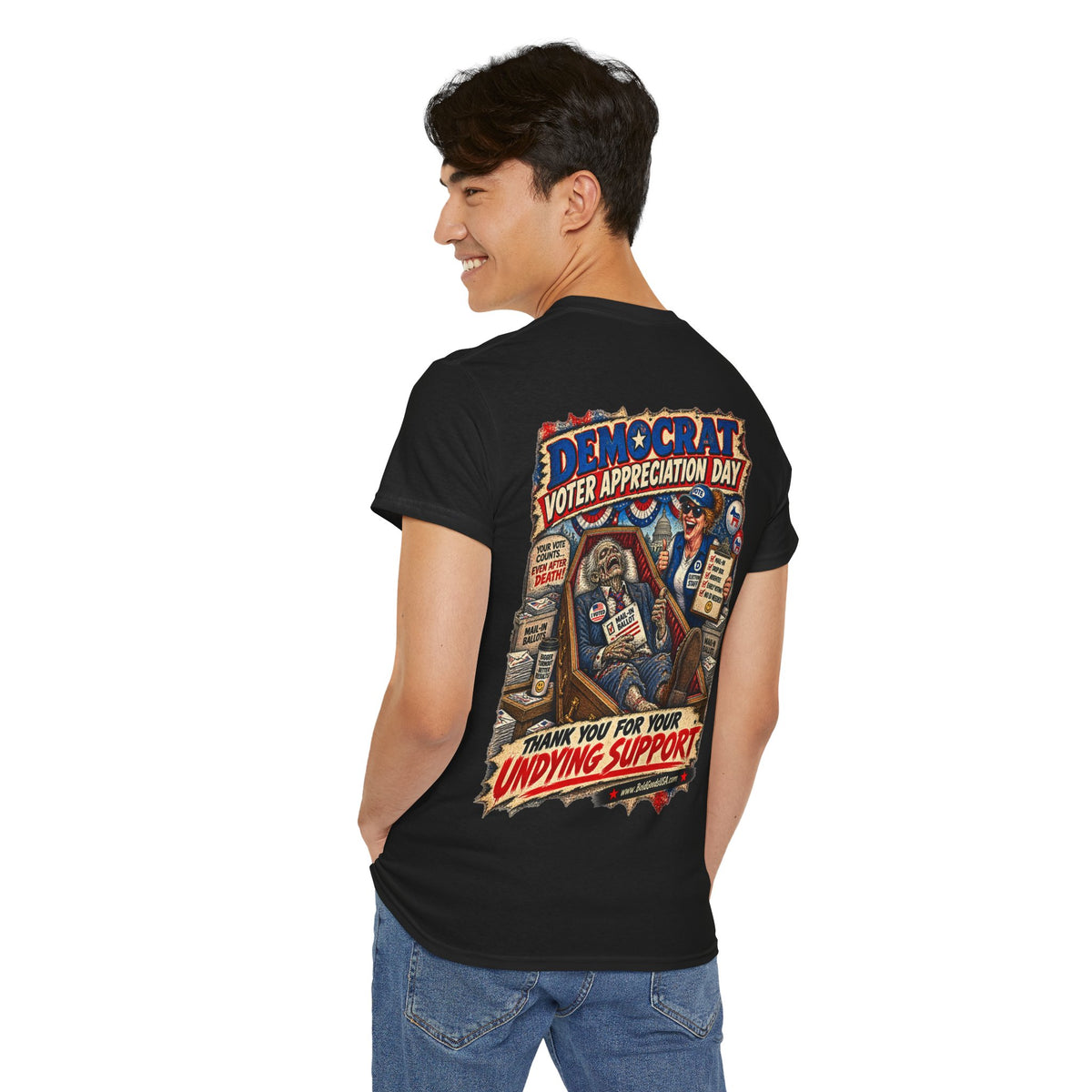 Democrat Voter Appreciation Day – Political Satire Graphic T-Shirt | Back Print + Chest Logo
