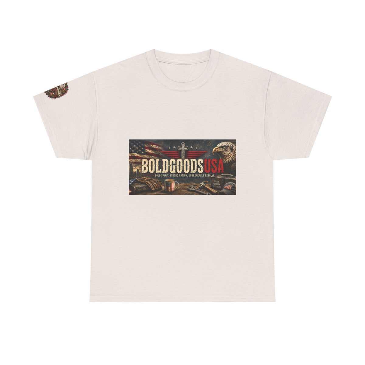 BoldGoods Faith, Freedom & America – Christian Patriotic Graphic T-Shirt | Front Print + Sleeve Logo