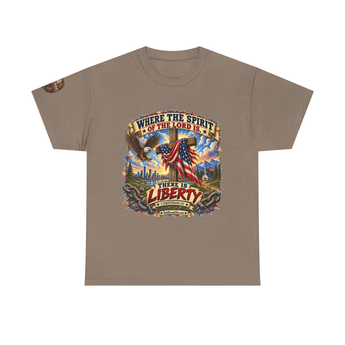 Where the Spirit of the Lord Is… There Is Liberty – Christian Patriotic Graphic T-Shirt | Front Print + Sleeve Logo