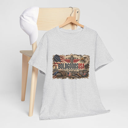 BoldGoods Faith, Freedom & America – Christian Patriotic Graphic T-Shirt | Front Print + Sleeve Logo