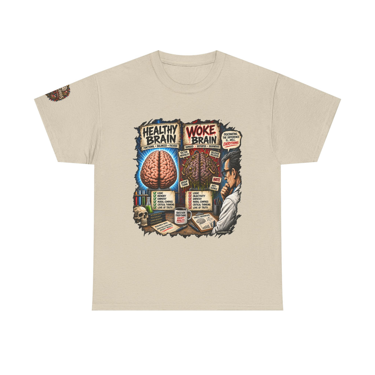 Woke Brain – Political Satire Graphic T-Shirt | Front Print + Sleeve Logo