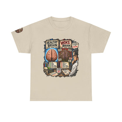 Woke Brain – Political Satire Graphic T-Shirt | Front Print + Sleeve Logo