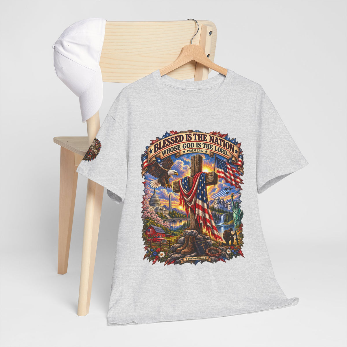 Blessed Is the Nation – Christian Patriotic Graphic T-Shirt | Front Print + Sleeve Logo