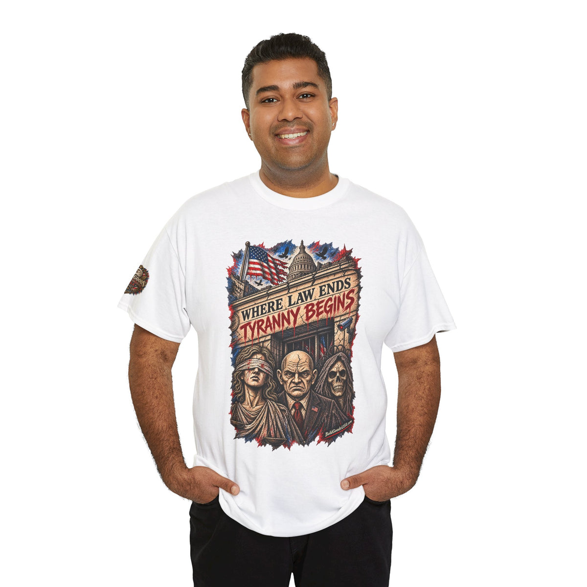 Where Law Ends, Tyranny Begins – Political Satire Graphic T-Shirt | Front Print + Sleeve Logo