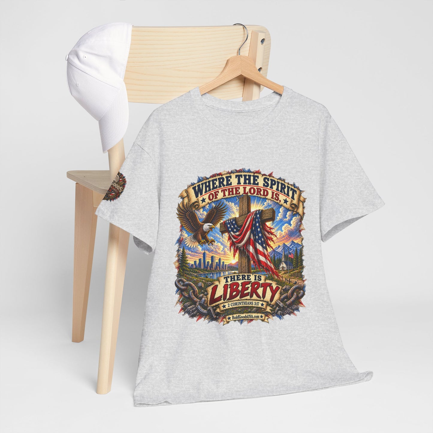 Where the Spirit of the Lord Is… There Is Liberty – Christian Patriotic Graphic T-Shirt | Front Print + Sleeve Logo