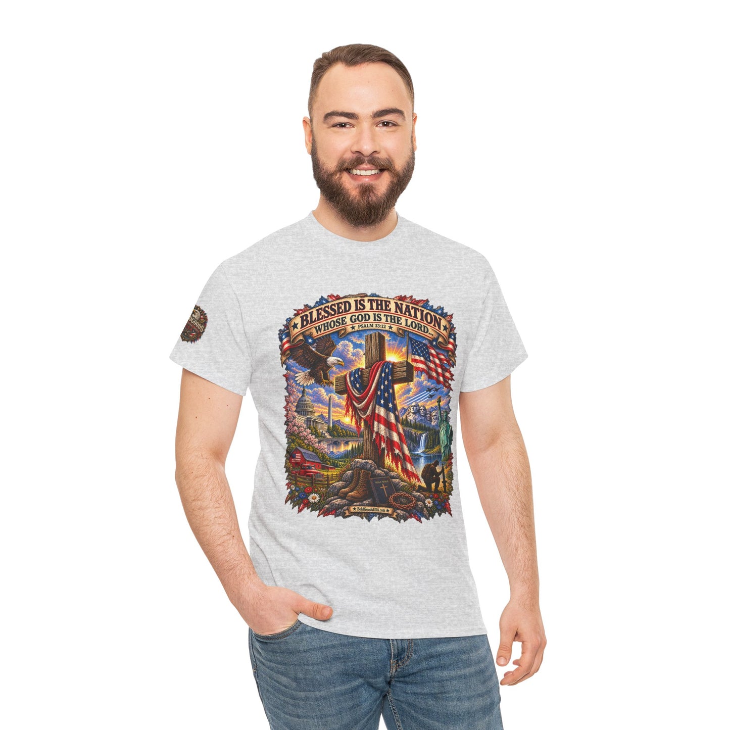 Blessed Is the Nation – Christian Patriotic Graphic T-Shirt | Front Print + Sleeve Logo