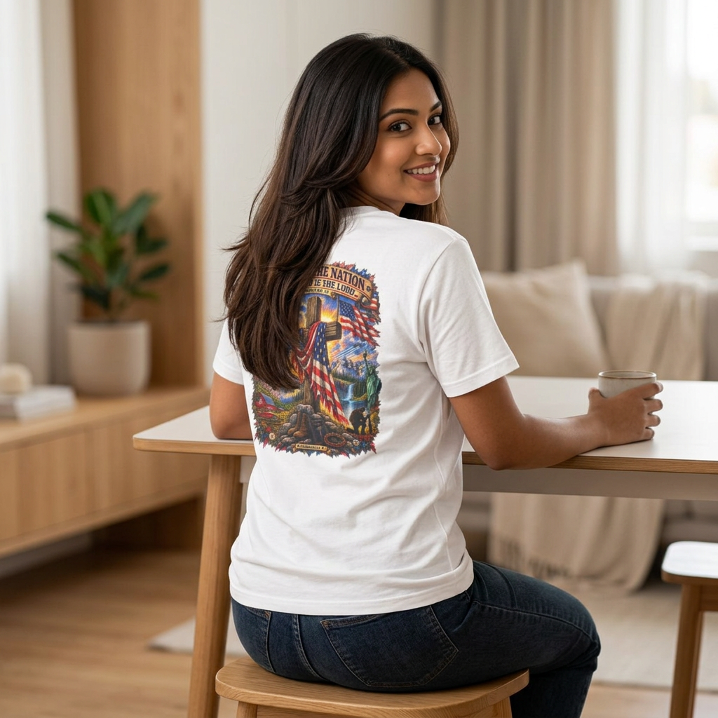 Blessed Is The Nation – Christian Patriotic Graphic T-Shirt | Back Print + Chest Logo