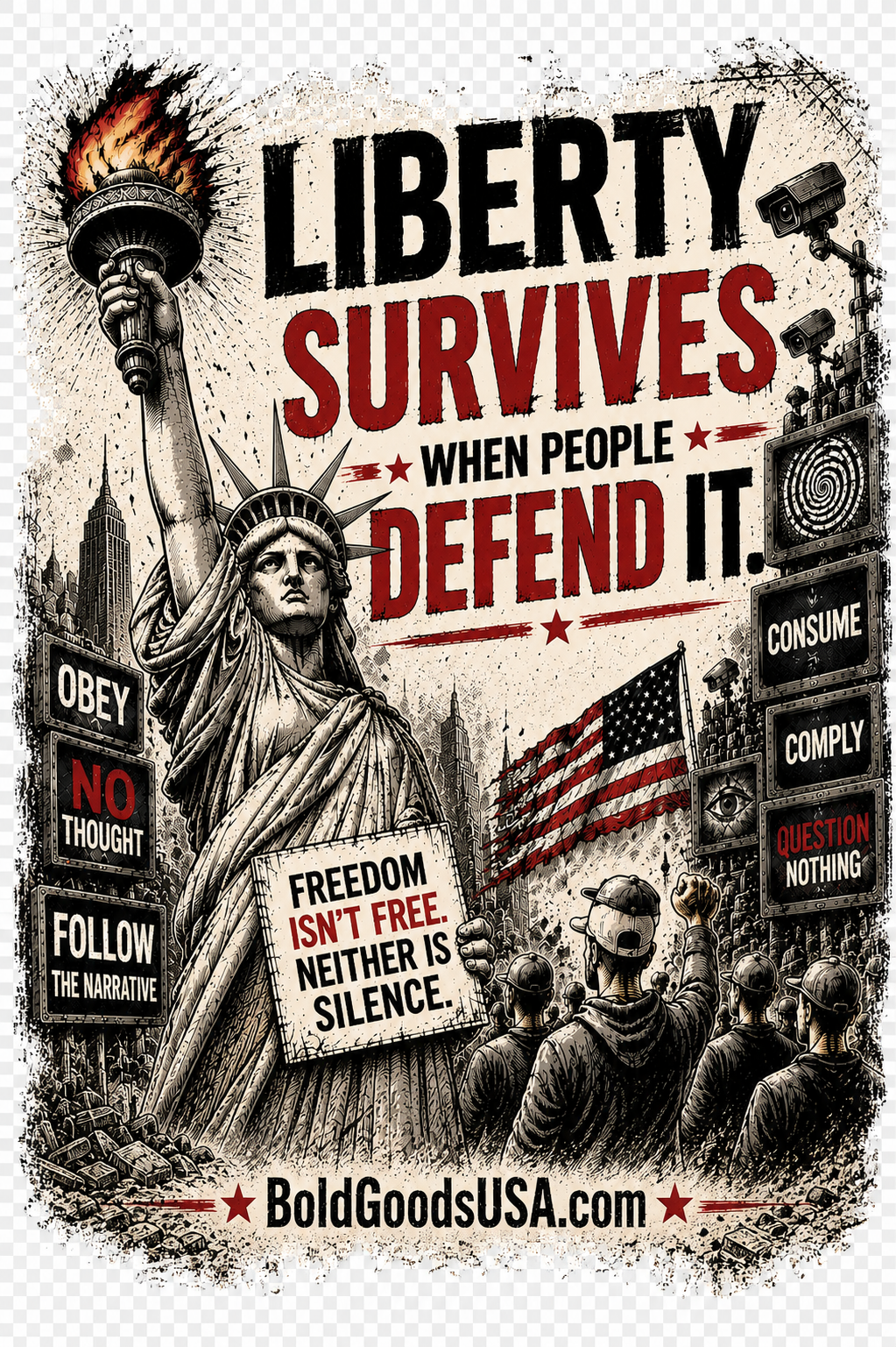 Liberty Survives When Defended – Patriotic Freedom Graphic T-Shirt | Back Print + Sleeve Logo