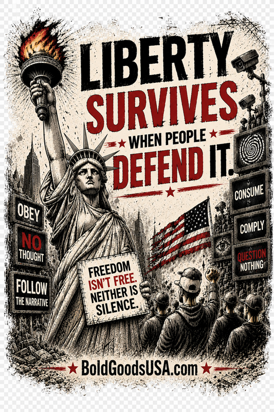 Liberty Survives When Defended – Patriotic Freedom Graphic T-Shirt | Back Print + Sleeve Logo