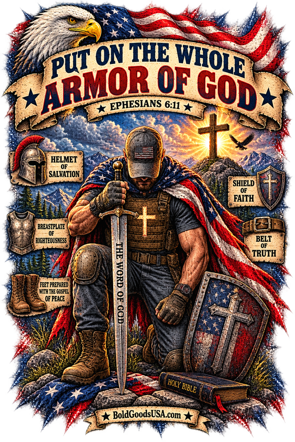Armor of God – Christian Patriotic Graphic T-Shirt | Back Print + Chest Logo