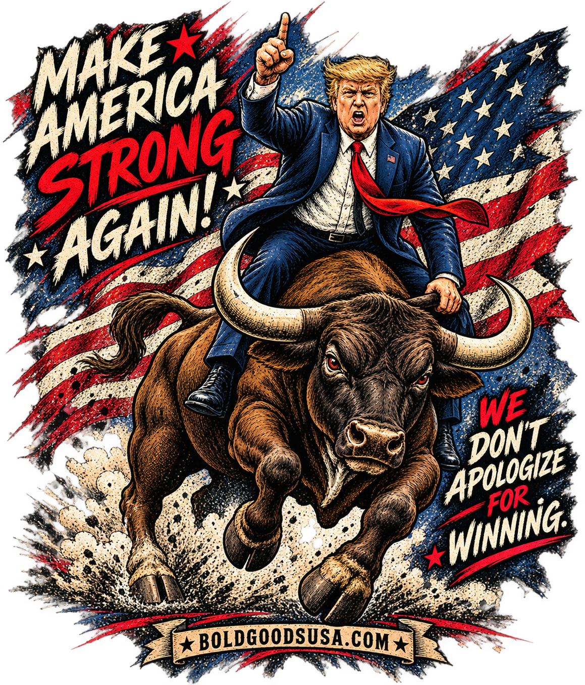Make America Strong Again - Political Satire Graphic T-Shirt | Back Print + Chest Logo