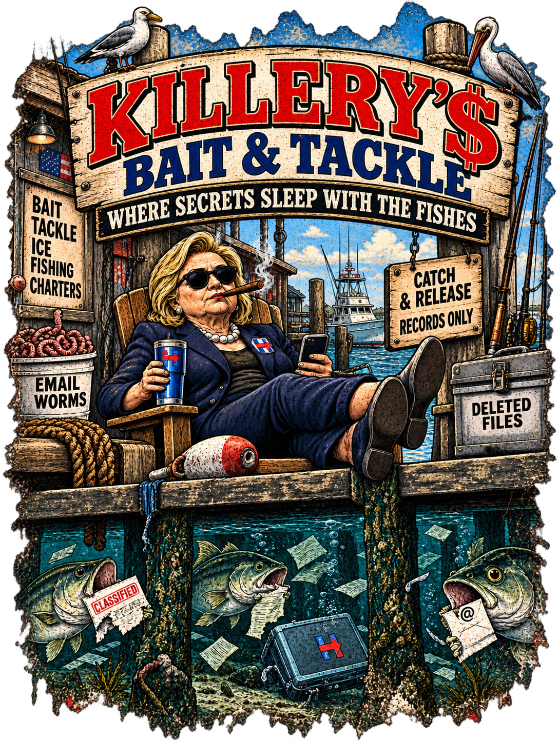 Killery Bait & Tackle – Political Satire Graphic T-Shirt | Back Print + Chest Logo