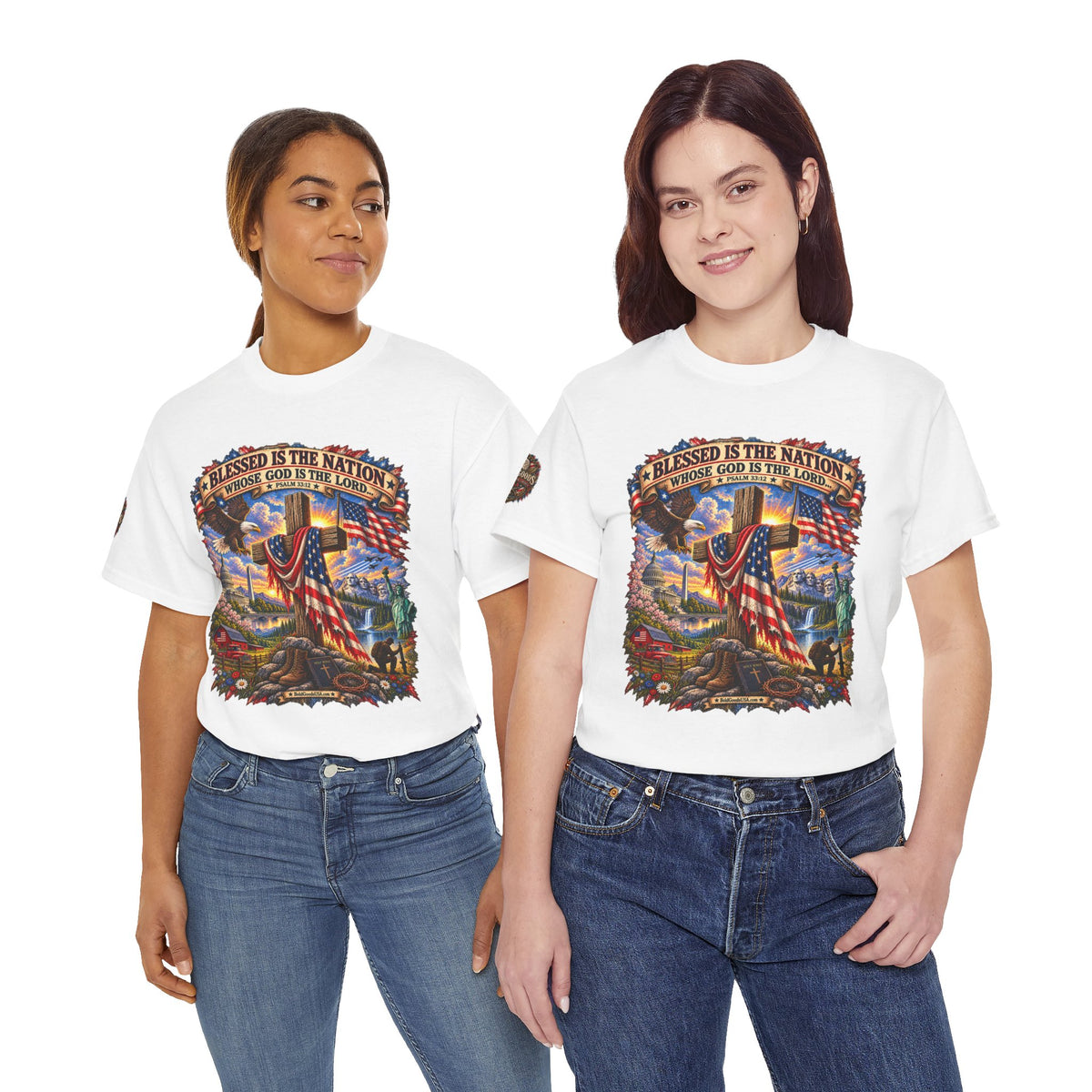 Blessed Is the Nation – Christian Patriotic Graphic T-Shirt | Front Print + Sleeve Logo