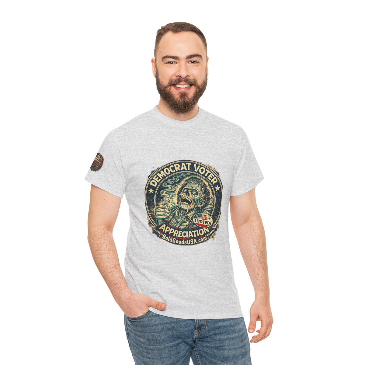 Democrat Voter Appreciation – Political Satire Graphic T-Shirt | Front Print + Sleeve Logo