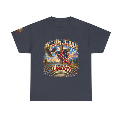 Where the Spirit of the Lord Is… There Is Liberty – Christian Patriotic Graphic T-Shirt | Front Print + Sleeve Logo