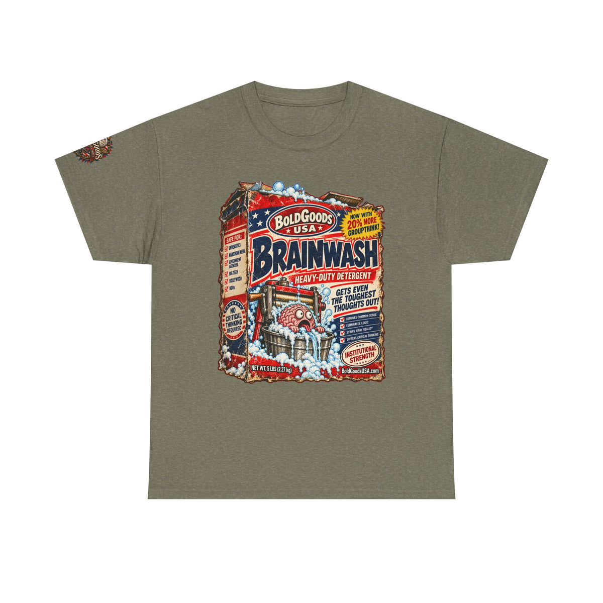 Brainwash Political Satire T-Shirt | Front Print + Sleeve Logo