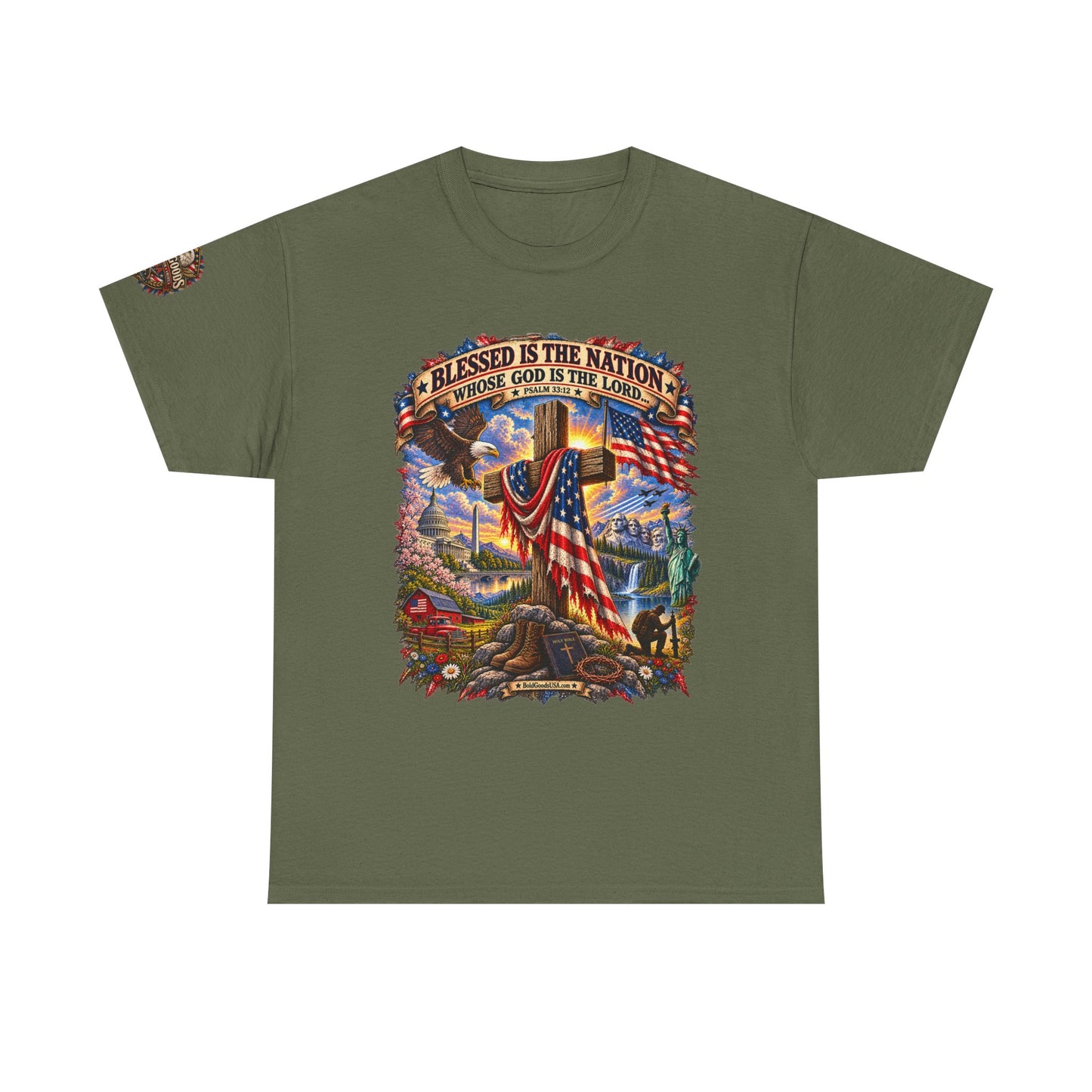 Blessed Is the Nation – Christian Patriotic Graphic T-Shirt | Front Print + Sleeve Logo