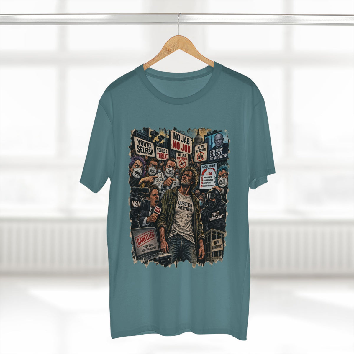 Question Everything – Political Satire Graphic T-Shirt | Front Print