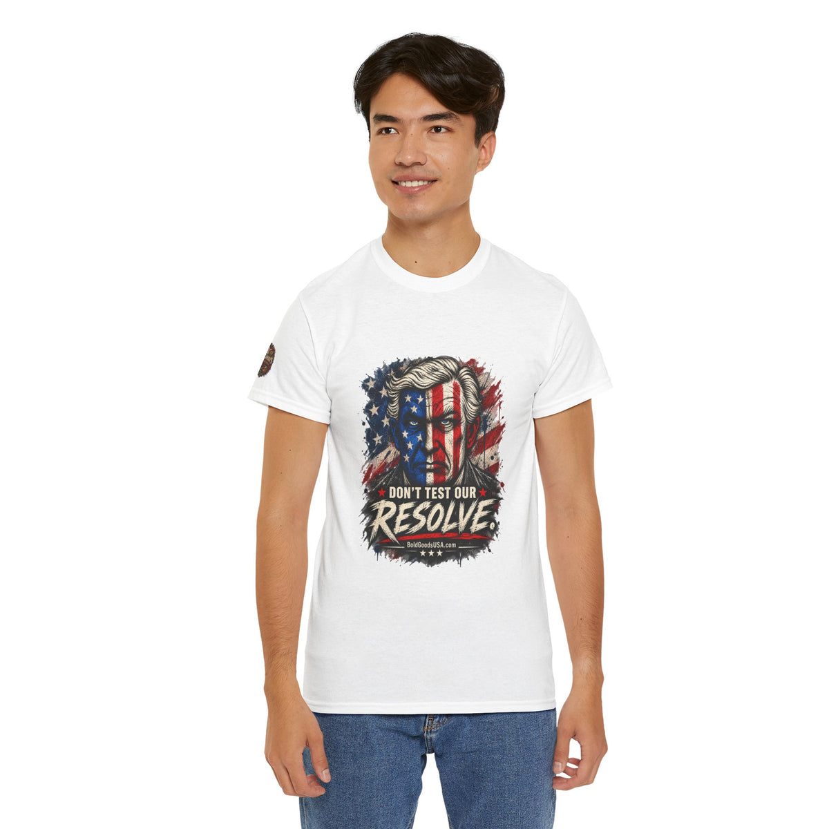 Don't Test Our Resolve T-Shirt | Front Print + Sleeve Logo