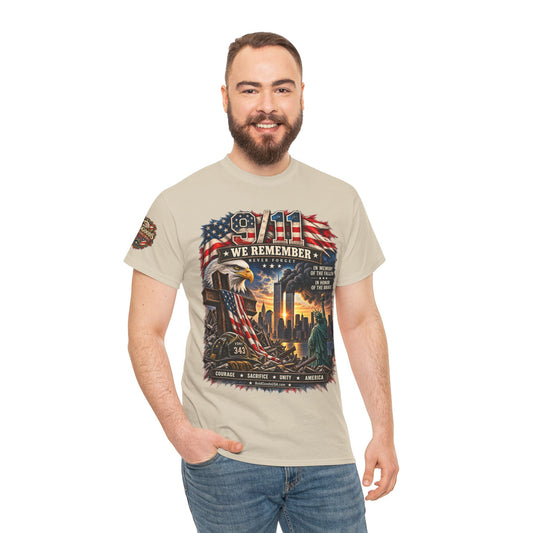 9/11 - We Remember, Never Forget — Memorial T-Shirt | Front Print + Sleeve Logo
