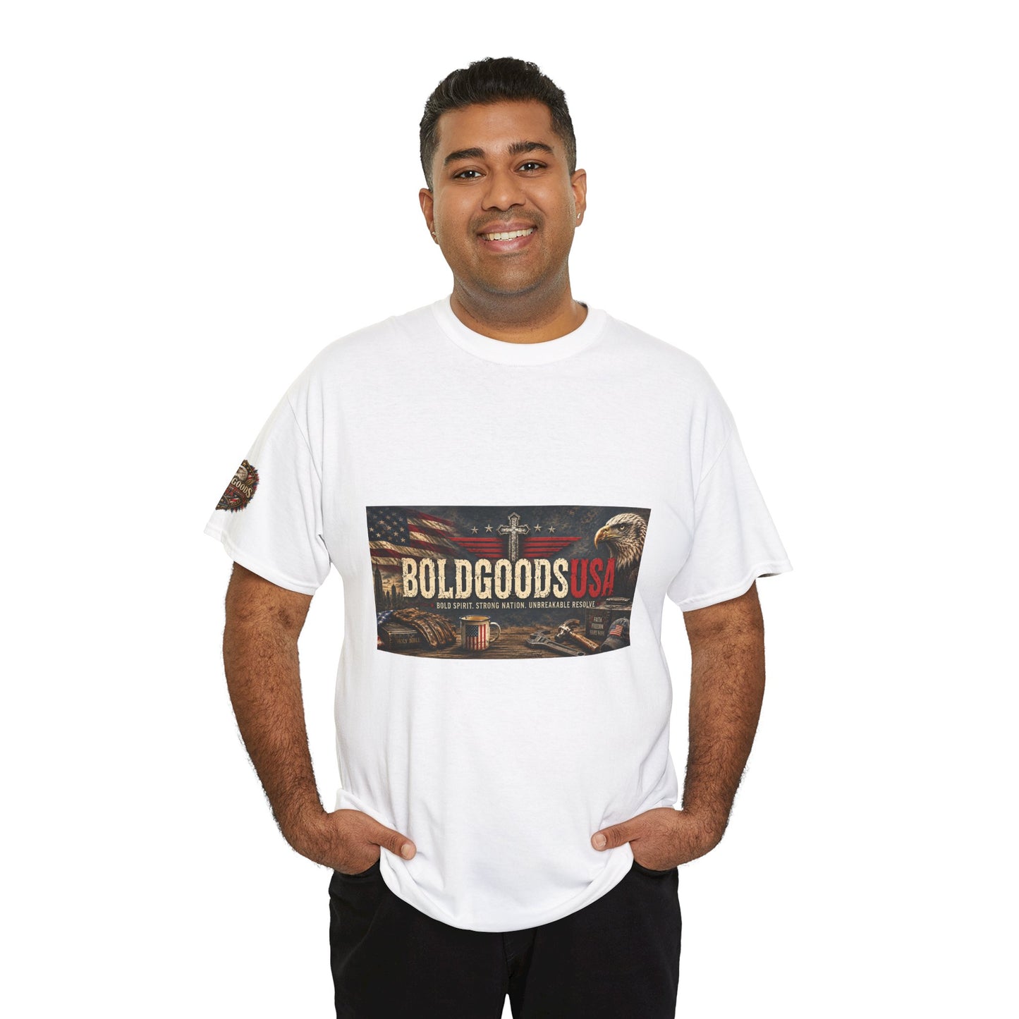 BoldGoods Faith, Freedom & America – Christian Patriotic Graphic T-Shirt | Front Print + Sleeve Logo