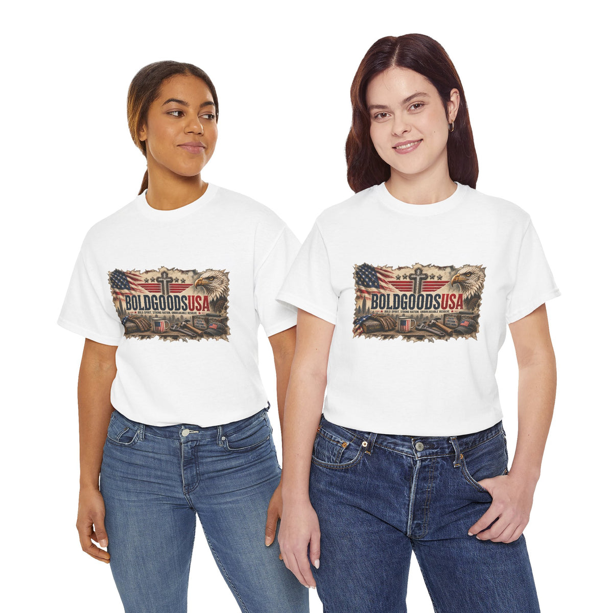 BoldGoods Faith, Freedom & America – Christian Patriotic Graphic T-Shirt | Front Print + Sleeve Logo