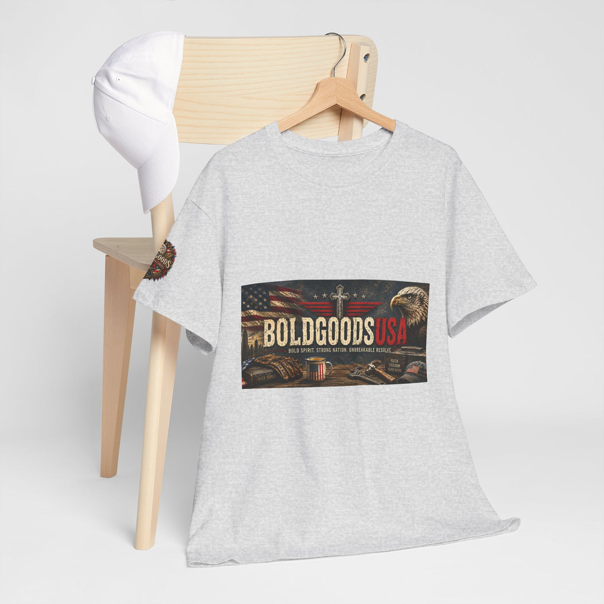 BoldGoods Faith, Freedom & America – Christian Patriotic Graphic T-Shirt | Front Print + Sleeve Logo
