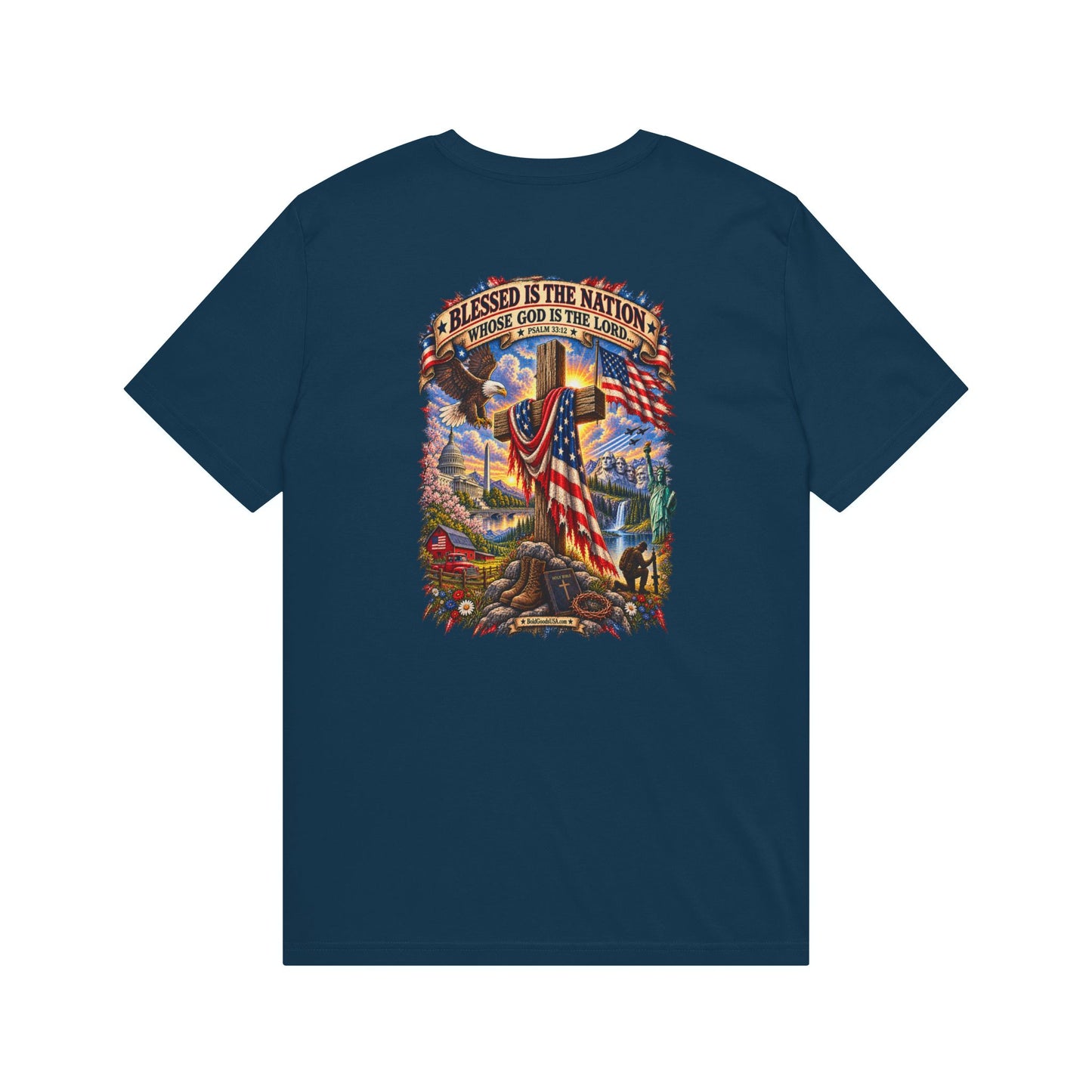 Blessed Is The Nation – Christian Patriotic Graphic T-Shirt | Back Print + Chest Logo