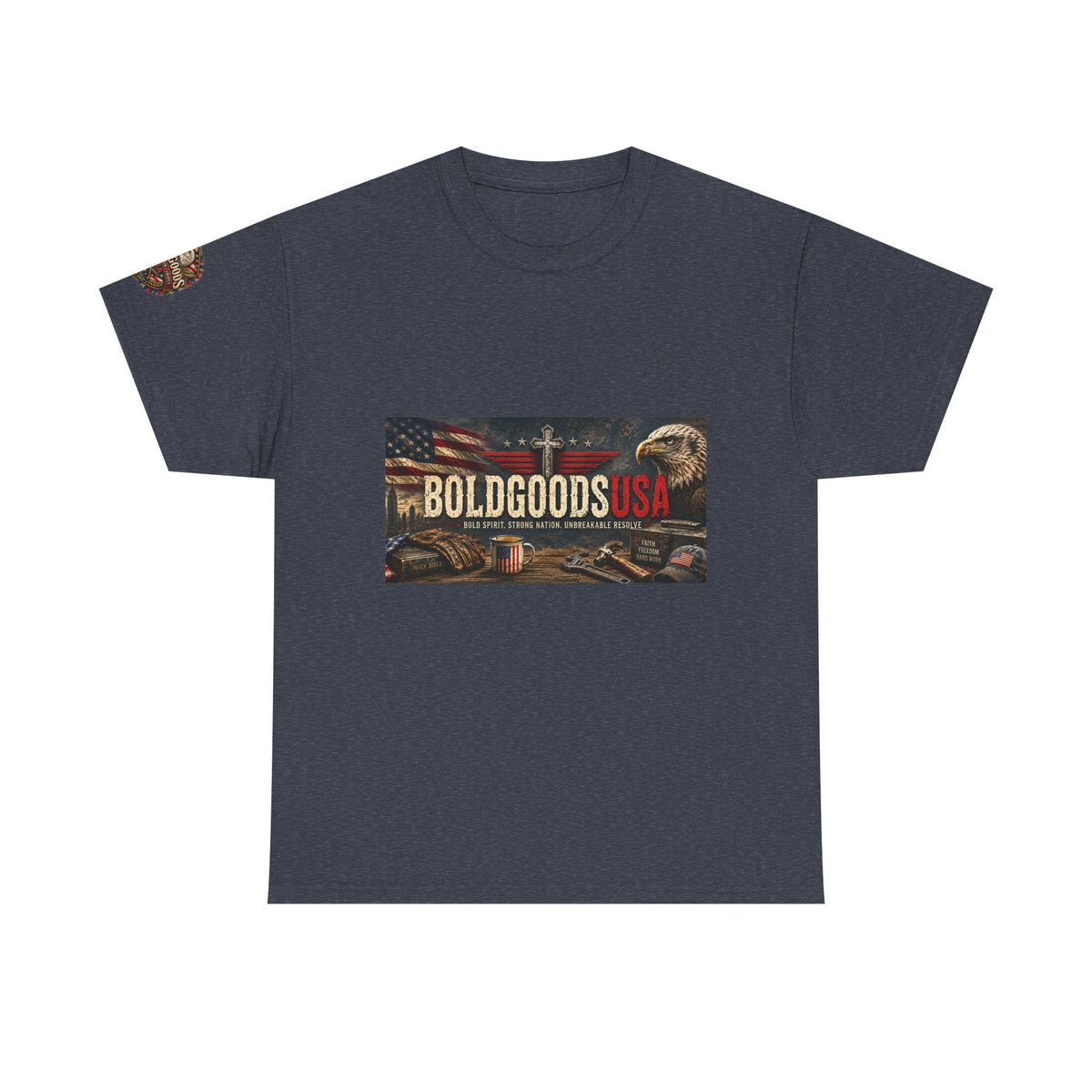 BoldGoods Faith, Freedom & America – Christian Patriotic Graphic T-Shirt | Front Print + Sleeve Logo