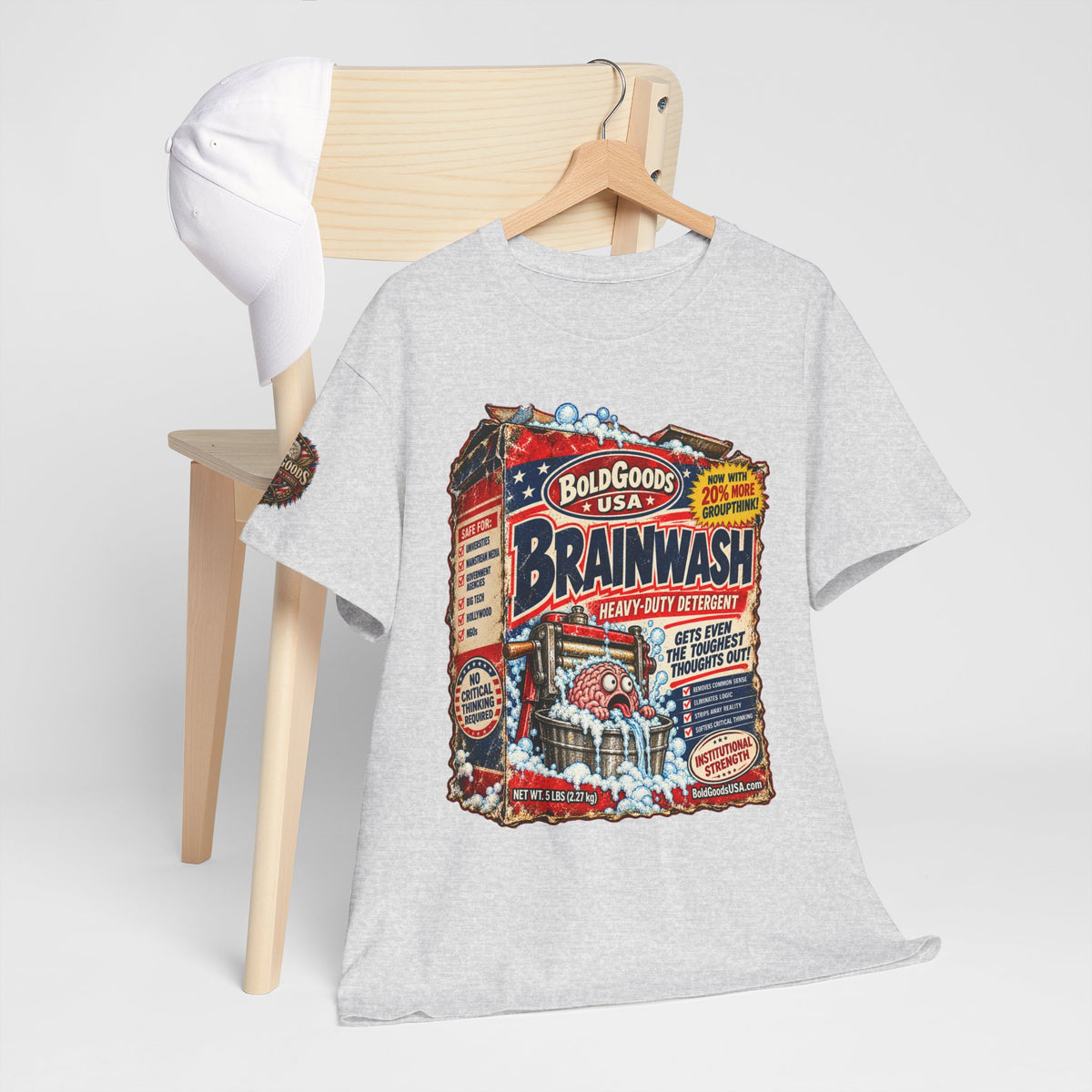 Brainwash Political Satire T-Shirt | Front Print + Sleeve Logo