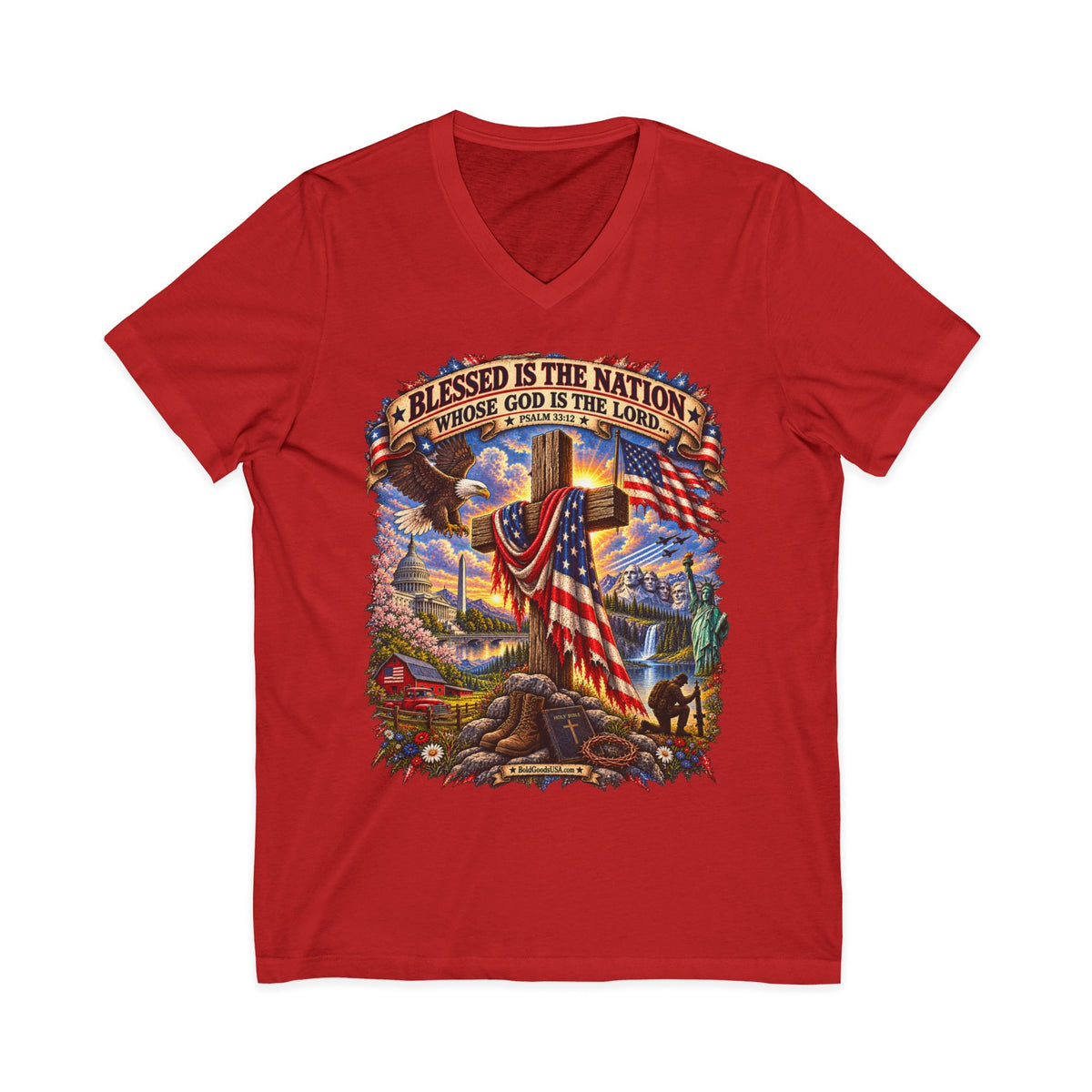 Blessed Is The Nation — Christian Patriotic V-Neck T-Shirt