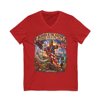 Blessed Is The Nation — Christian Patriotic V-Neck T-Shirt
