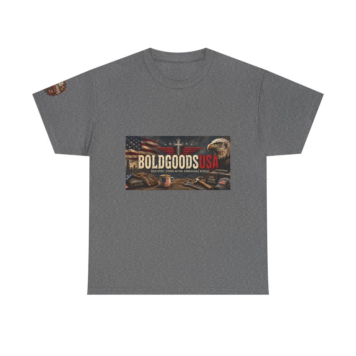 BoldGoods Faith, Freedom & America – Christian Patriotic Graphic T-Shirt | Front Print + Sleeve Logo
