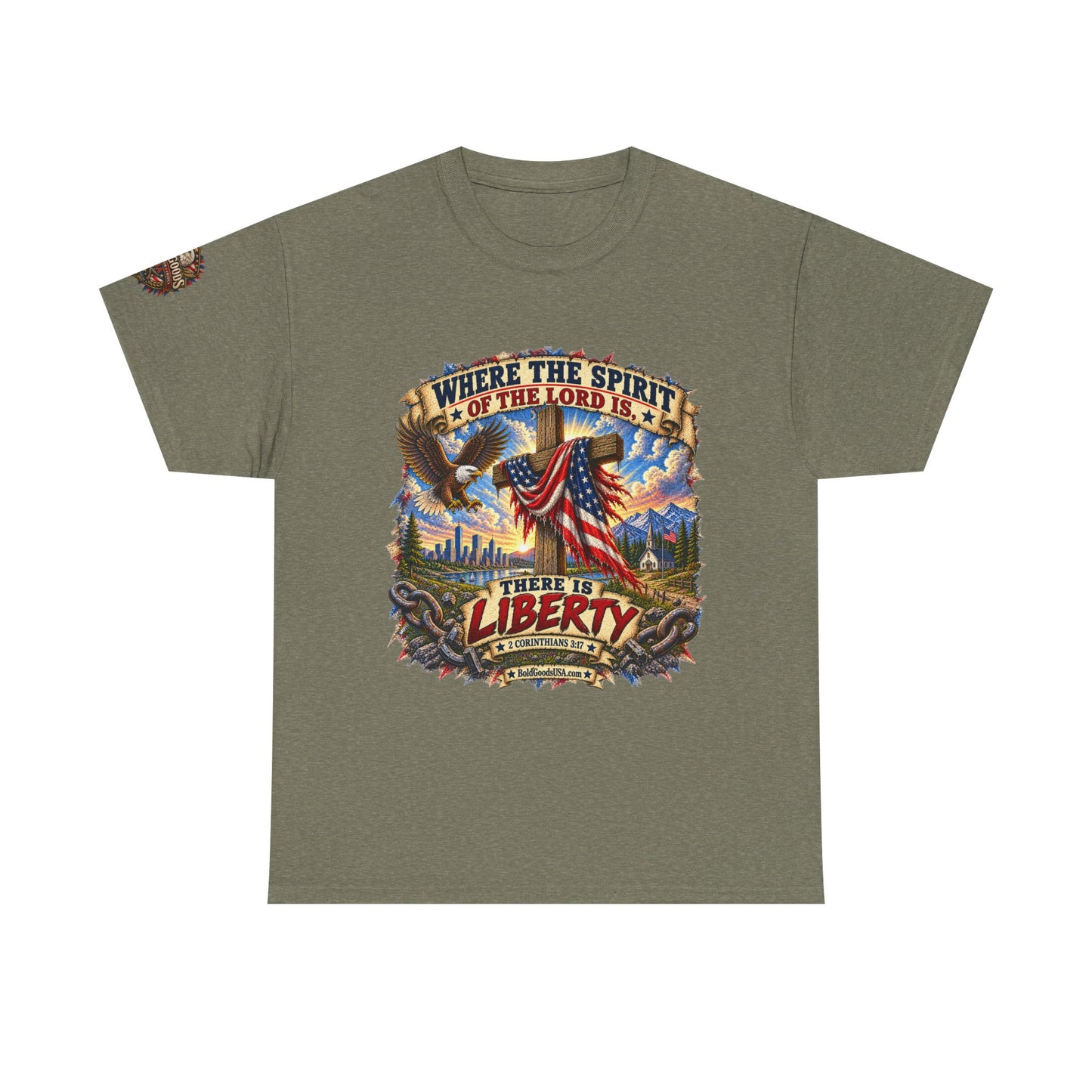 Where the Spirit of the Lord Is… There Is Liberty – Christian Patriotic Graphic T-Shirt | Front Print + Sleeve Logo
