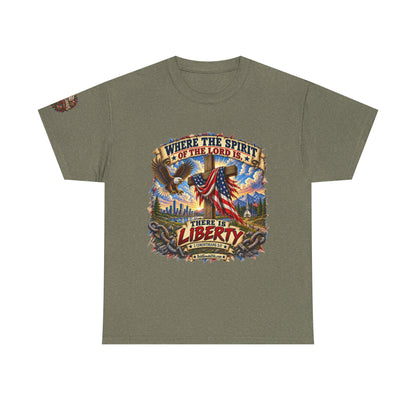 Where the Spirit of the Lord Is… There Is Liberty – Christian Patriotic Graphic T-Shirt | Front Print + Sleeve Logo