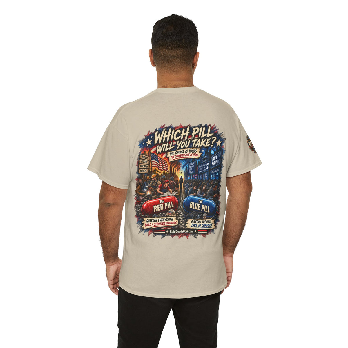 Blue or Red Pill - Graphic T-Shirt | Back Print + Sleeve Logo