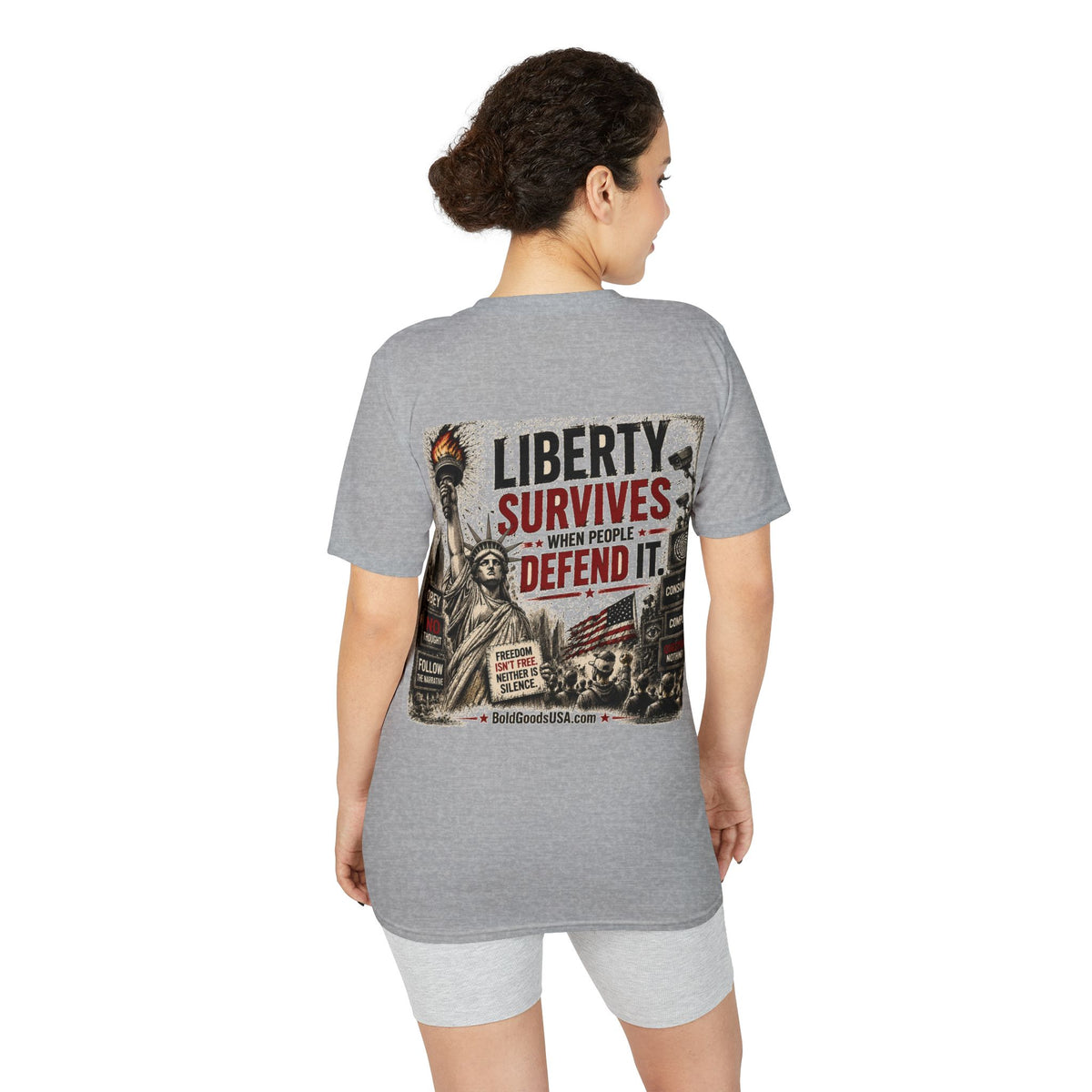 Liberty Survives When Defended – Patriotic Freedom Graphic T-Shirt | Back Print + Sleeve Logo