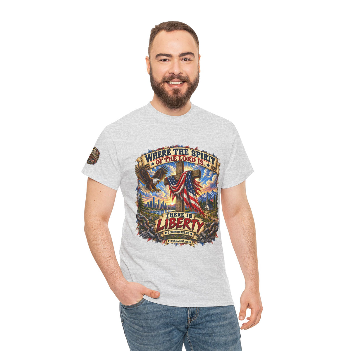 Where the Spirit of the Lord Is… There Is Liberty – Christian Patriotic Graphic T-Shirt | Front Print + Sleeve Logo