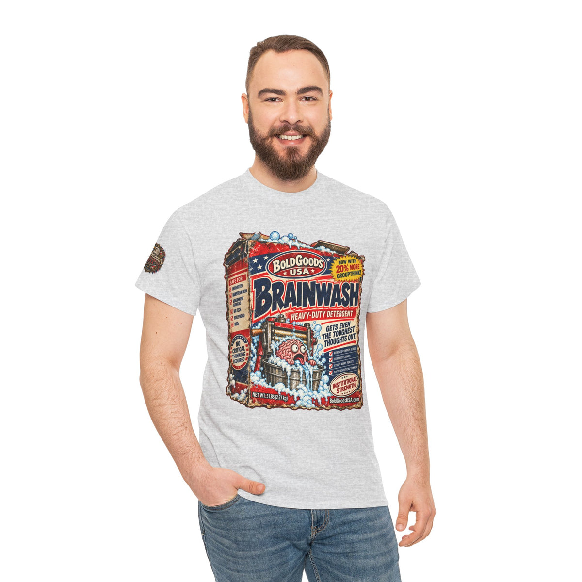 Brainwash Political Satire T-Shirt | Front Print + Sleeve Logo