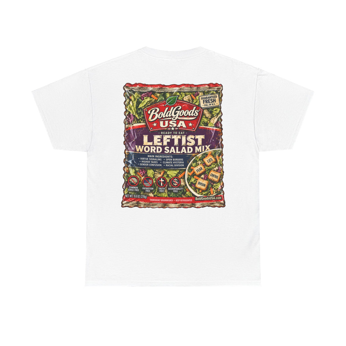 Leftist Word Salad – Political Satire Graphic T-Shirt | Back Print + Chest Logo