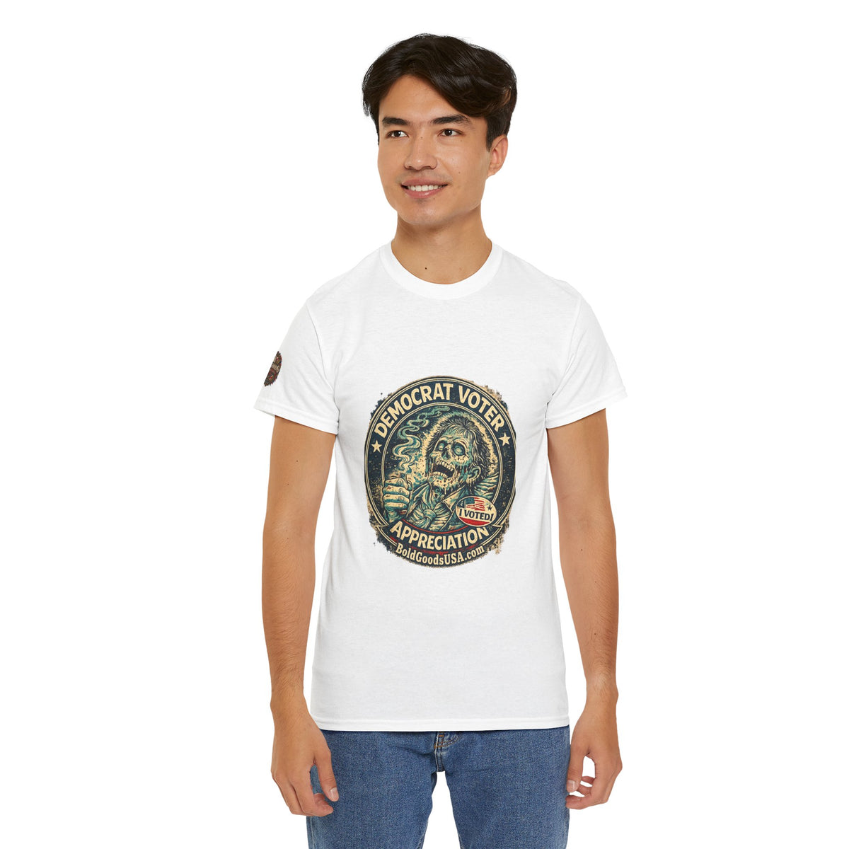 Democrat Voter Appreciation – Political Satire Graphic T-Shirt | Front Print + Sleeve Logo