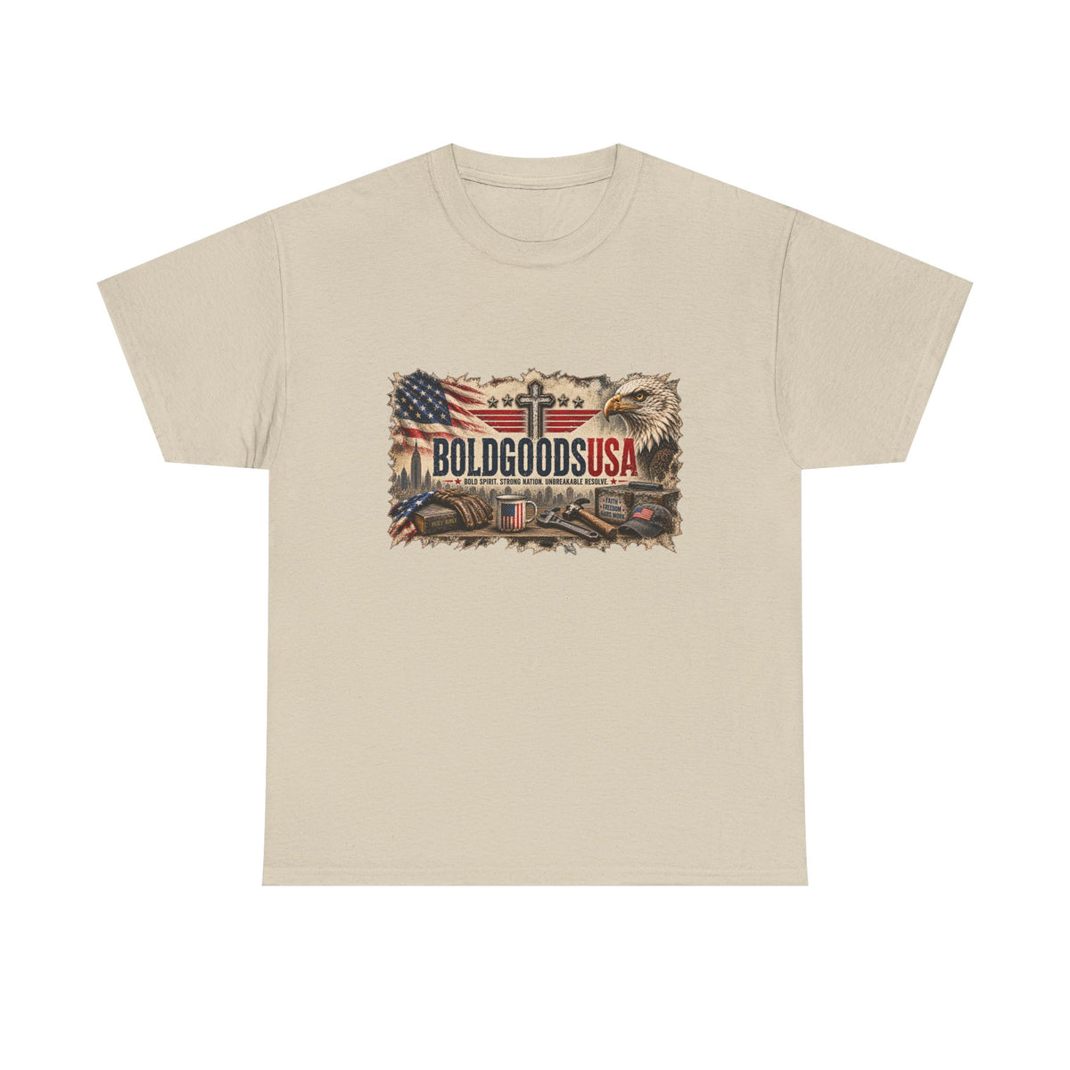 BoldGoods Faith, Freedom & America – Christian Patriotic Graphic T-Shirt | Front Print + Sleeve Logo