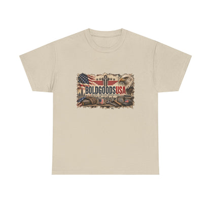 BoldGoods Faith, Freedom & America – Christian Patriotic Graphic T-Shirt | Front Print + Sleeve Logo