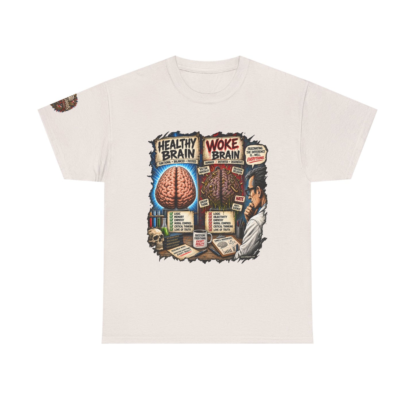 Woke Brain – Political Satire Graphic T-Shirt | Front Print + Sleeve Logo